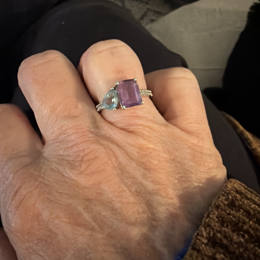 Sky Blue Topaz, Amythest and 1/10 ctw Diamond Gemstone Ring - Picture 3 of 4